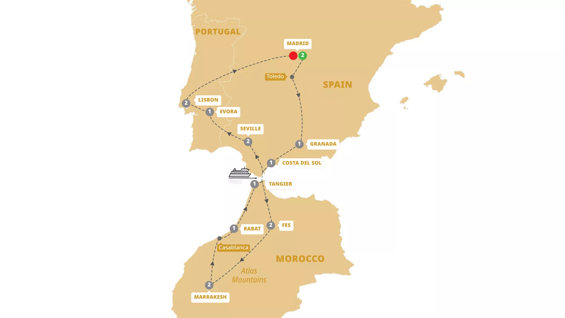 Spain Morocco Portugal End Madrid Guided Tour Map 2025