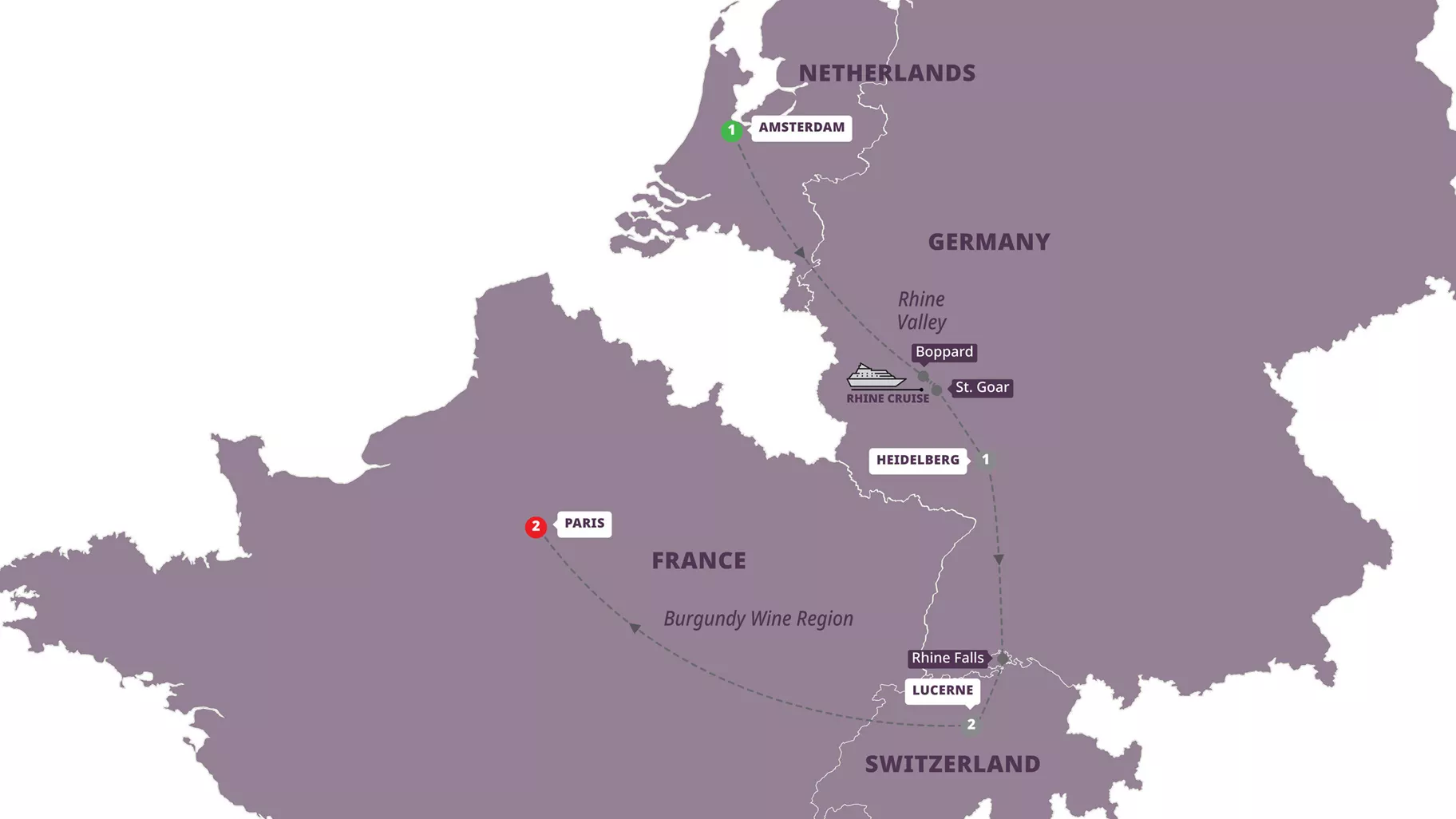 European Highlights Amsterdam Paris Guided Tour Map