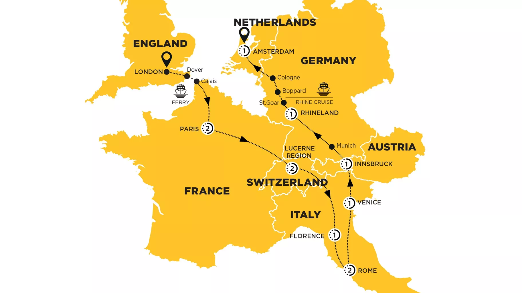 European Experience Amsterdam Paris Guided Tour Map 2024