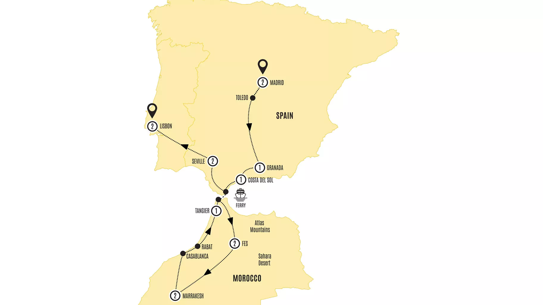Highlights Spain Morocco Portugal Guided Tour Map 2026