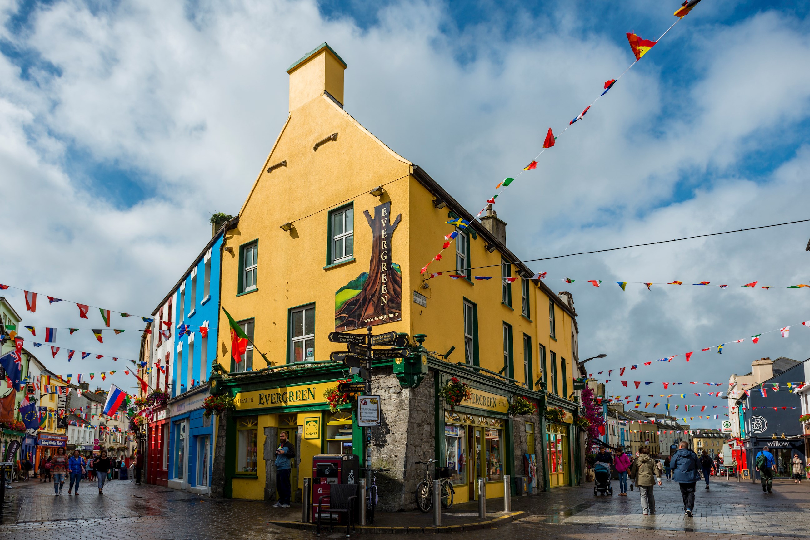 Colourful pedestrian streets in town centre, Galway, Ireland