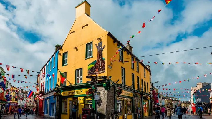 Colourful pedestrian streets in town centre, Galway, Ireland